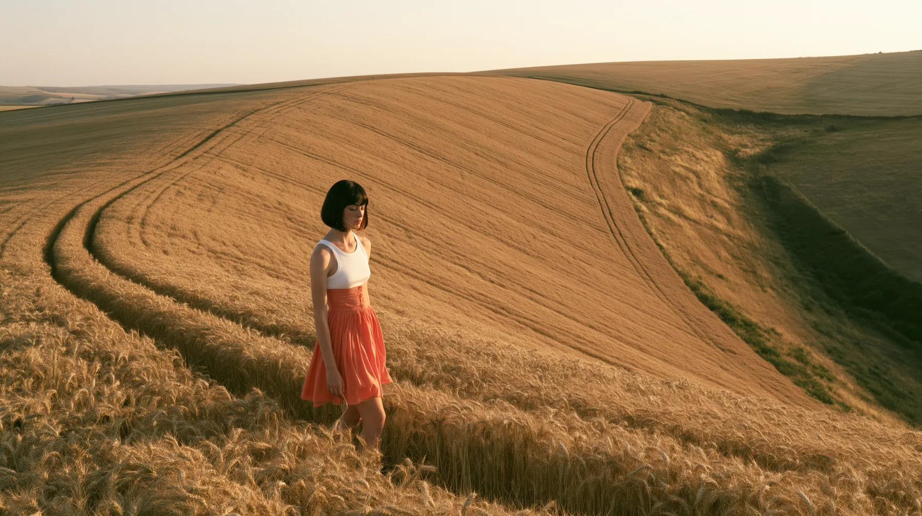 Make this a wide 35 mm photograph from a low hill: keep this woman, a Caucasian American woman in her late twenties with pale skin and a glossy black blunt bob with heavy straight bangs and one clay-orange streak, a…