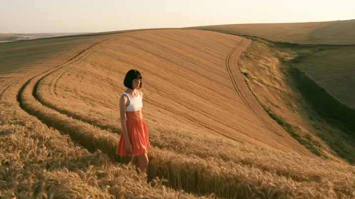 Make this a wide 35 mm photograph from a low hill: keep this woman, a Caucasian American woman in her late twenties with pale skin and a glossy black blunt bob with heavy straight bangs and one clay-orange streak, a…