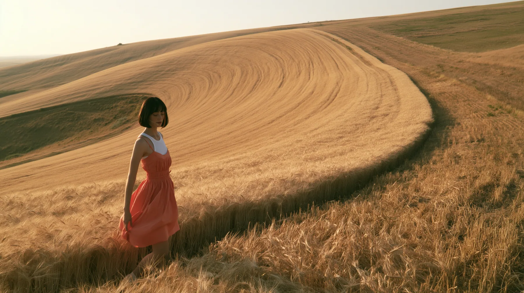 Make this a wide 35 mm photograph from a low hill: keep this woman, a Caucasian American woman in her late twenties with pale skin and a glossy black blunt bob with heavy straight bangs and one clay-orange streak, a…