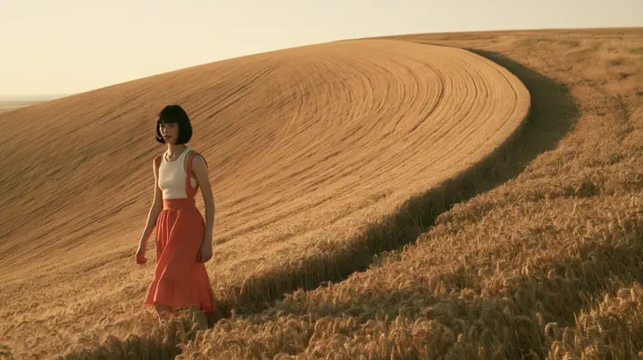 Make this a wide 35 mm photograph from a low hill: keep this woman, a Caucasian American woman in her late twenties with pale skin and a glossy black blunt bob with heavy straight bangs and one clay-orange streak, a…