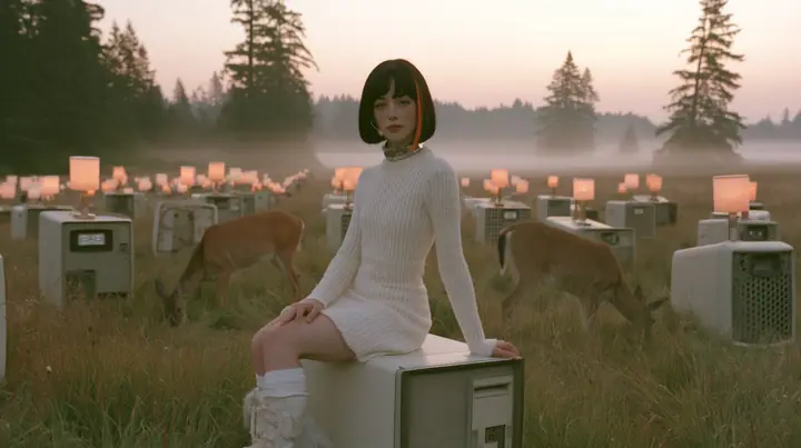 Make this a 35 mm photograph of a cybernetic meadow at dawn: keep this woman, a Caucasian American woman in her late twenties with pale skin and a glossy black blunt bob with heavy straight bangs and one clay-orange…