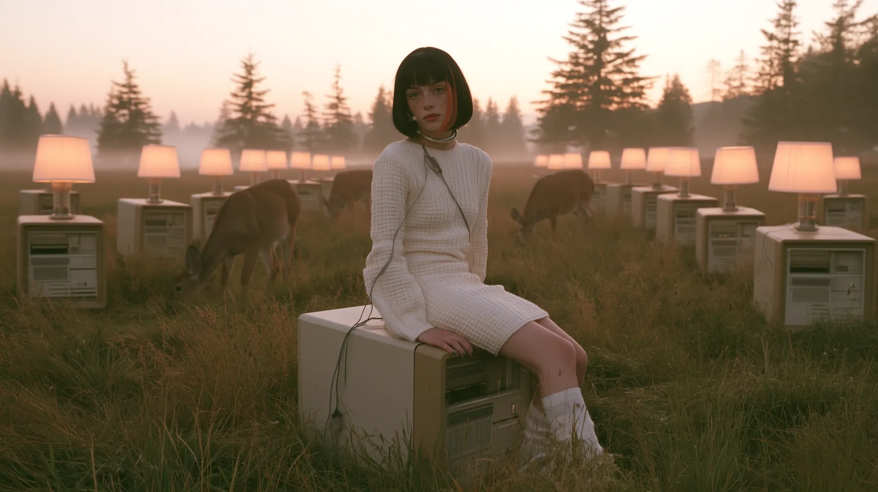 Make this a 35 mm photograph of a cybernetic meadow at dawn: keep this woman, a Caucasian American woman in her late twenties with pale skin and a glossy black blunt bob with heavy straight bangs and one clay-orange…