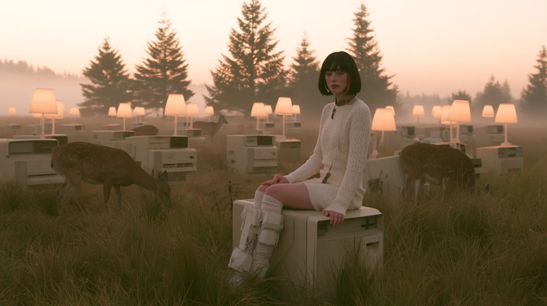 Make this a 35 mm photograph of a cybernetic meadow at dawn: keep this woman, a Caucasian American woman in her late twenties with pale skin and a glossy black blunt bob with heavy straight bangs and one clay-orange…