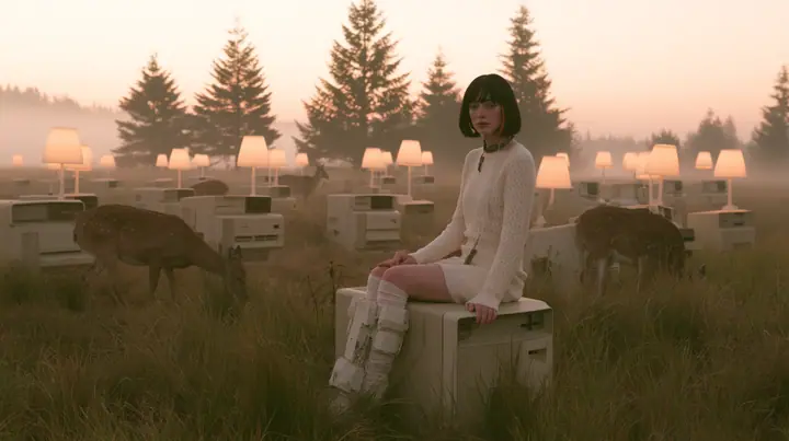 Make this a 35 mm photograph of a cybernetic meadow at dawn: keep this woman, a Caucasian American woman in her late twenties with pale skin and a glossy black blunt bob with heavy straight bangs and one clay-orange…