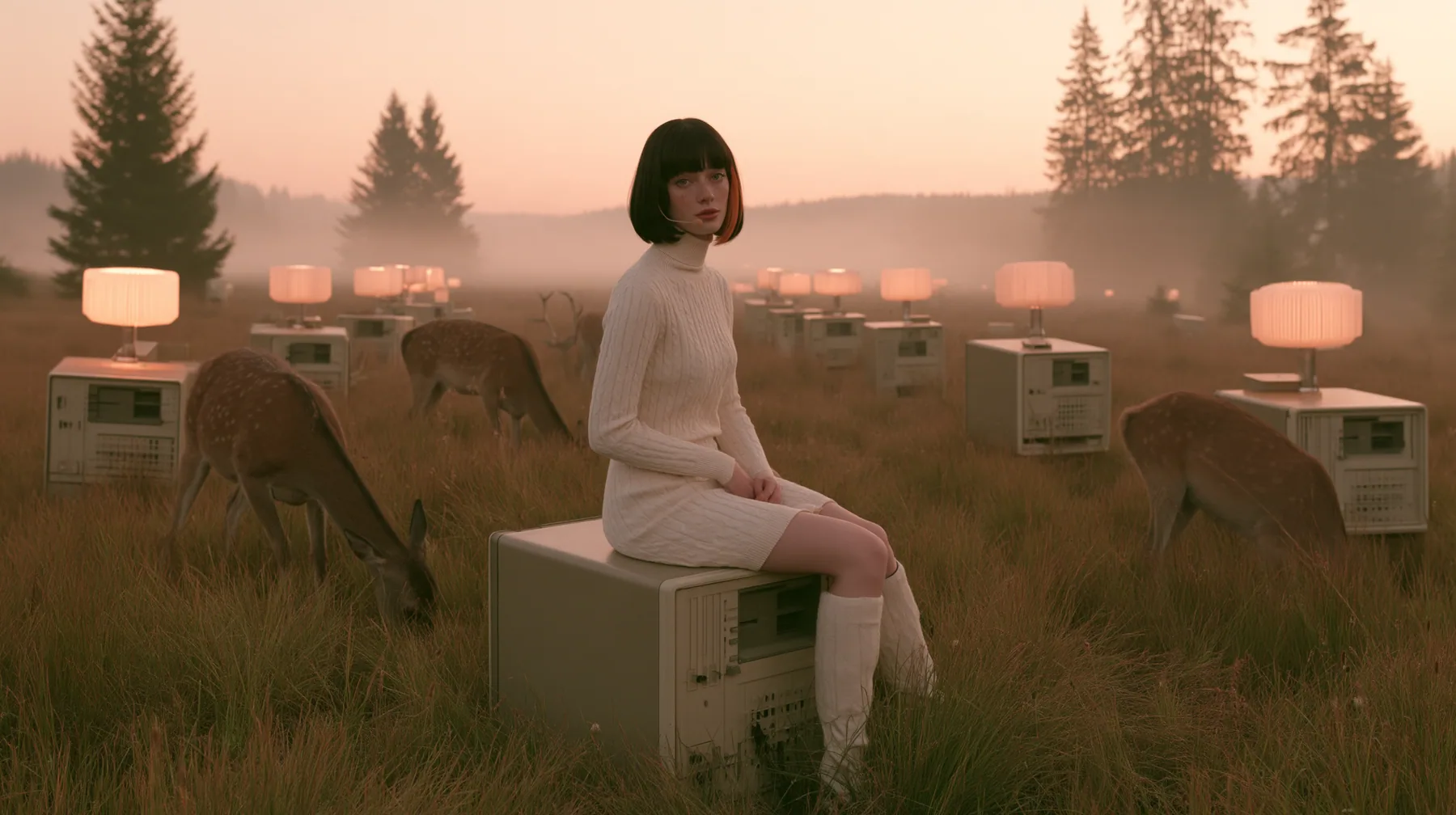 Make this a 35 mm photograph of a cybernetic meadow at dawn: keep this woman, a Caucasian American woman in her late twenties with pale skin and a glossy black blunt bob with heavy straight bangs and one clay-orange…
