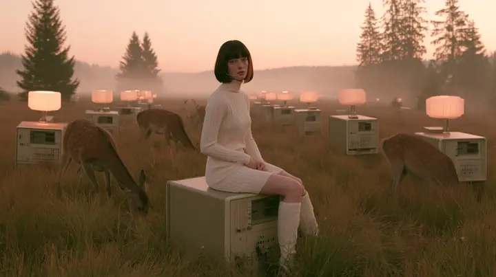 Make this a 35 mm photograph of a cybernetic meadow at dawn: keep this woman, a Caucasian American woman in her late twenties with pale skin and a glossy black blunt bob with heavy straight bangs and one clay-orange…