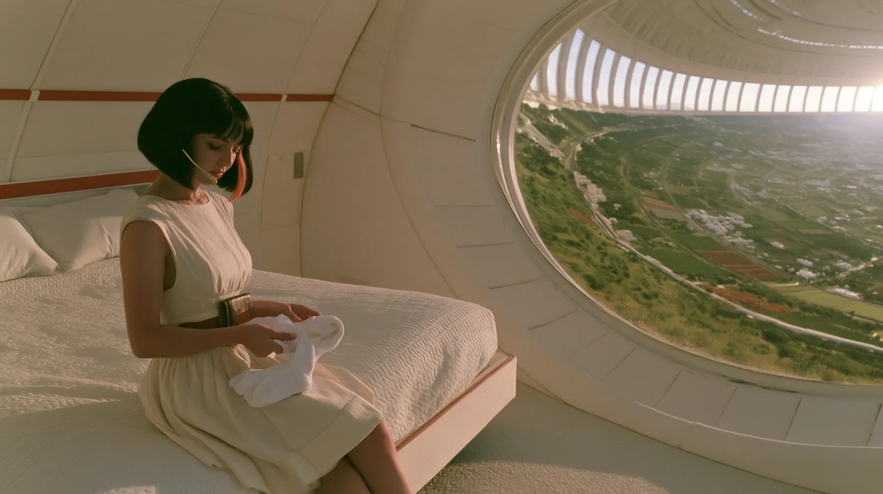 Make this a 35 mm photograph of a white linen bedroom at dawn inside the space colony: keep this woman, a Caucasian American woman in her late twenties with pale skin and a glossy black blunt bob with heavy straight…