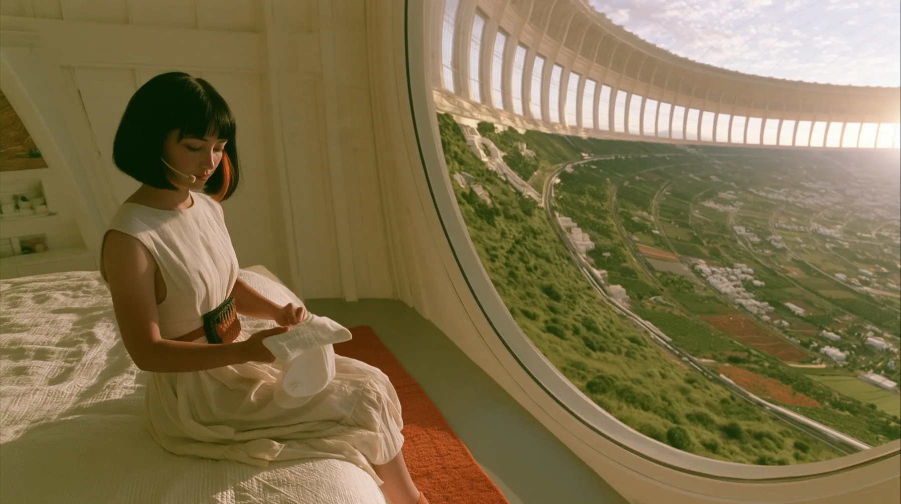 Make this a 35 mm photograph of a white linen bedroom at dawn inside the space colony: keep this woman, a Caucasian American woman in her late twenties with pale skin and a glossy black blunt bob with heavy straight…