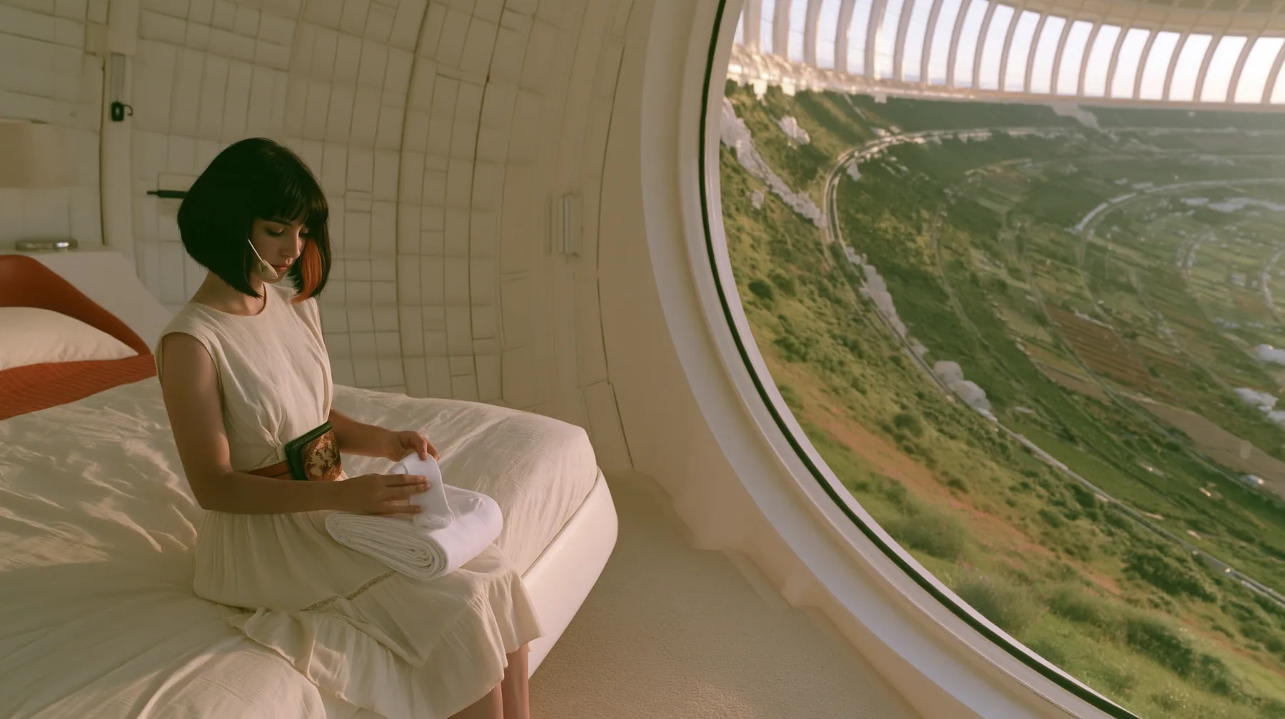 Make this a 35 mm photograph of a white linen bedroom at dawn inside the space colony: keep this woman, a Caucasian American woman in her late twenties with pale skin and a glossy black blunt bob with heavy straight…
