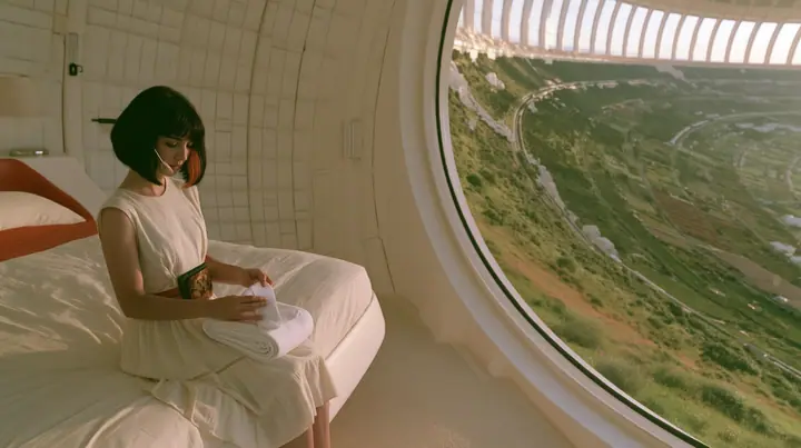 Make this a 35 mm photograph of a white linen bedroom at dawn inside the space colony: keep this woman, a Caucasian American woman in her late twenties with pale skin and a glossy black blunt bob with heavy straight…