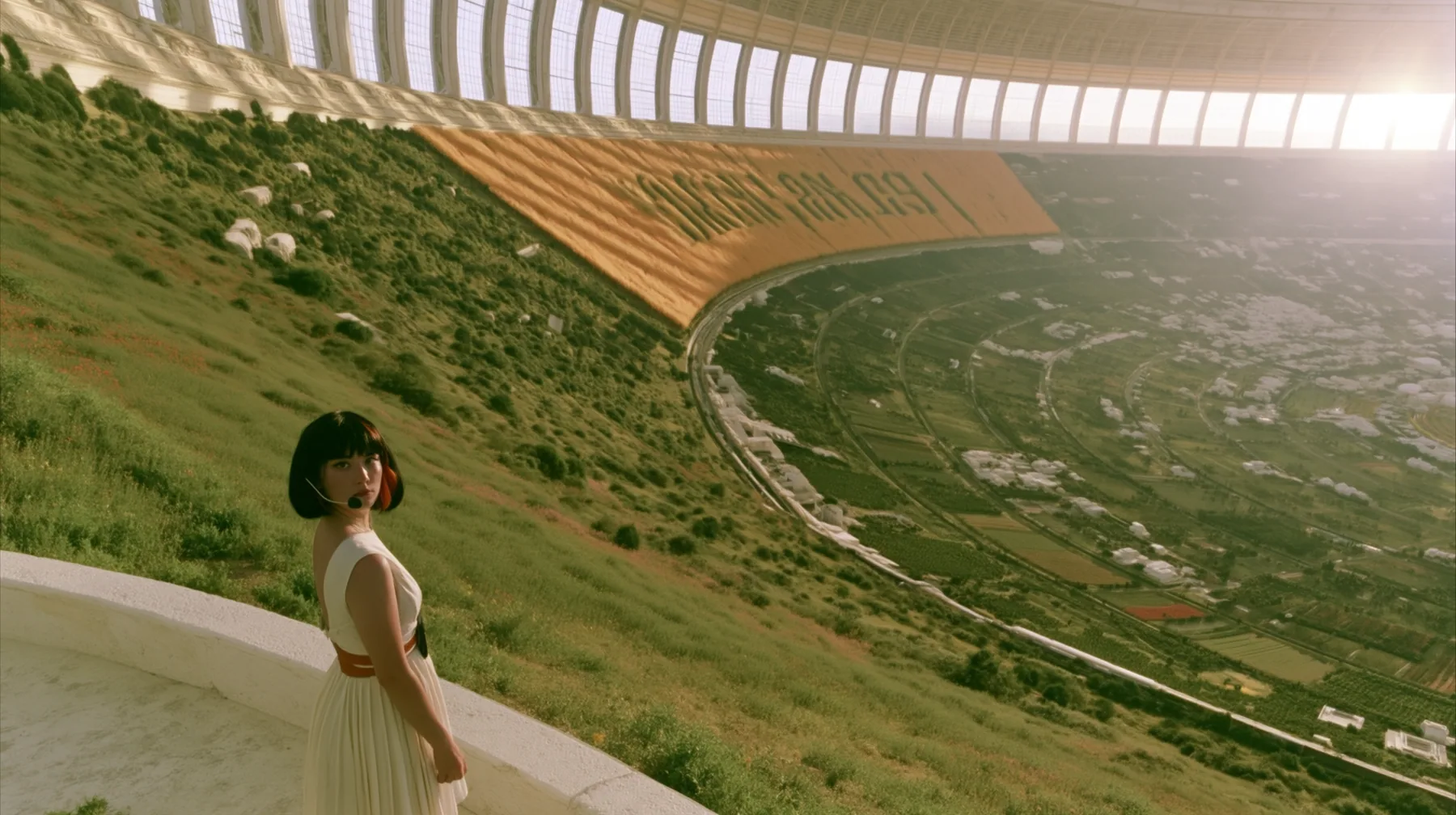 Make this a vast wide 35 mm photograph inside a rotating space colony at morning: keep this woman, a Caucasian American woman in her late twenties with pale skin and a glossy black blunt bob with heavy straight bangs…