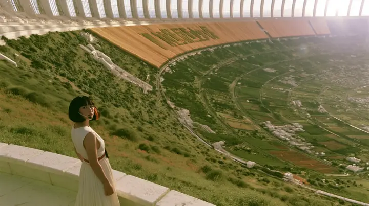 Make this a vast wide 35 mm photograph inside a rotating space colony at morning: keep this woman, a Caucasian American woman in her late twenties with pale skin and a glossy black blunt bob with heavy straight bangs…