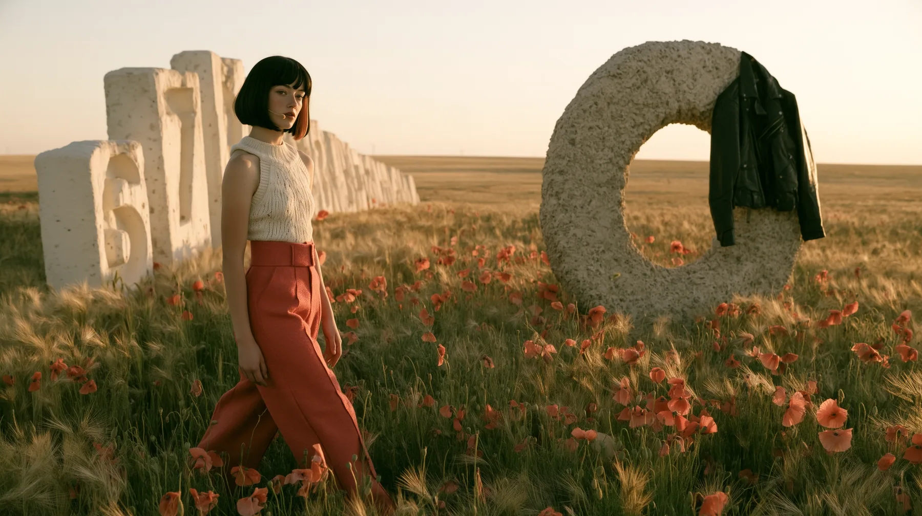 Make this a wide 35 mm photograph of a sunlit meadow: keep this woman, a Caucasian American woman in her late twenties with pale skin and a glossy black blunt bob with heavy straight bangs and one clay-orange streak,…