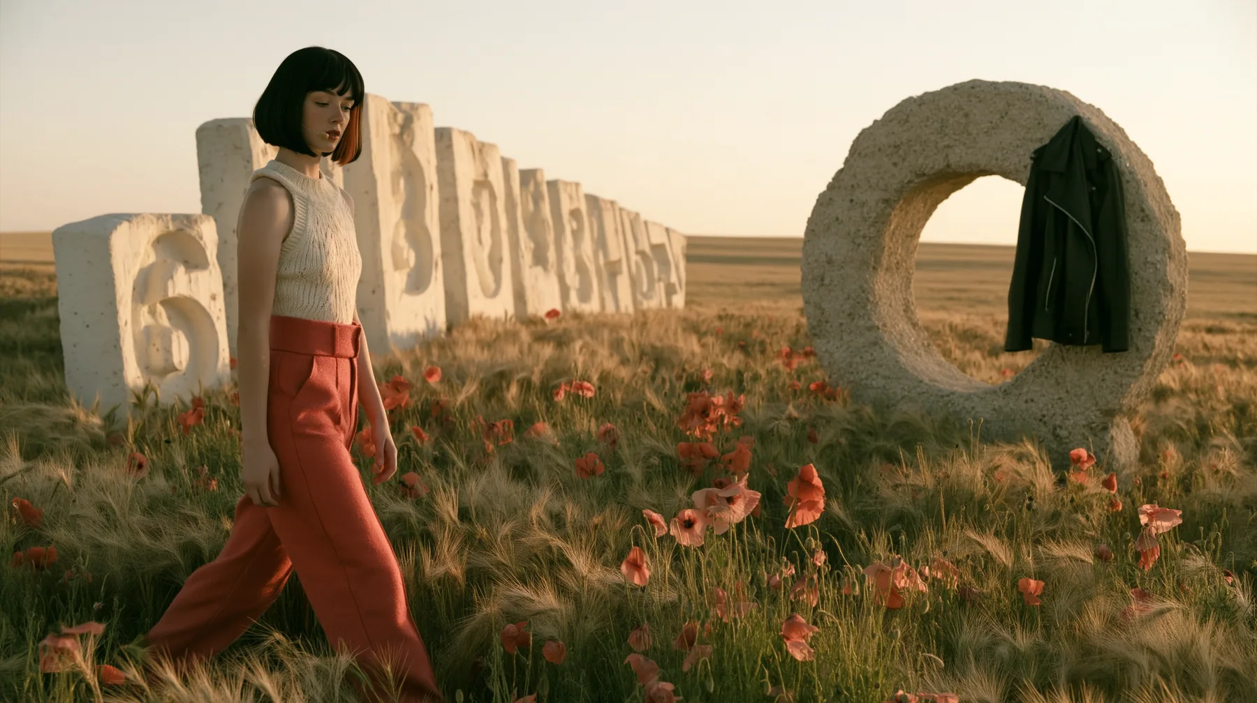 Make this a wide 35 mm photograph of a sunlit meadow: keep this woman, a Caucasian American woman in her late twenties with pale skin and a glossy black blunt bob with heavy straight bangs and one clay-orange streak,…