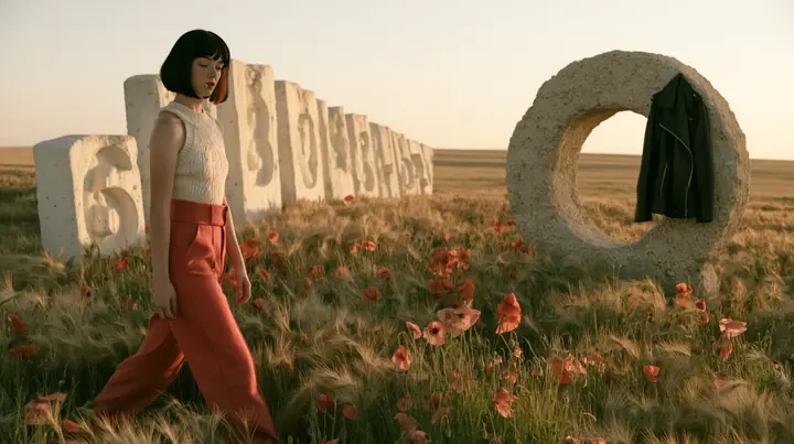 Make this a wide 35 mm photograph of a sunlit meadow: keep this woman, a Caucasian American woman in her late twenties with pale skin and a glossy black blunt bob with heavy straight bangs and one clay-orange streak,…