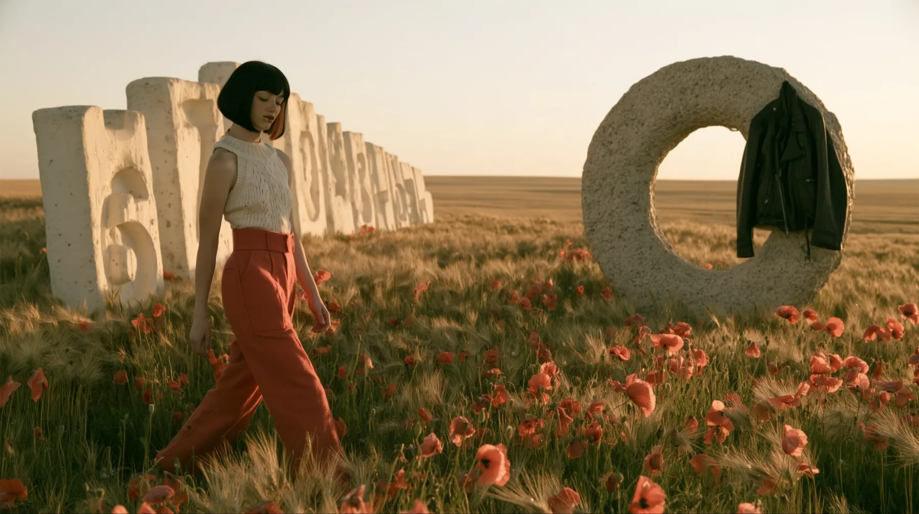Make this a wide 35 mm photograph of a sunlit meadow: keep this woman, a Caucasian American woman in her late twenties with pale skin and a glossy black blunt bob with heavy straight bangs and one clay-orange streak,…