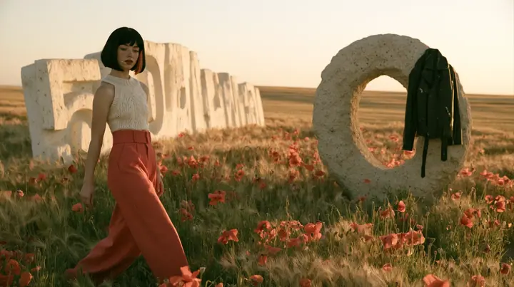 Make this a wide 35 mm photograph of a sunlit meadow: keep this woman, a Caucasian American woman in her late twenties with pale skin and a glossy black blunt bob with heavy straight bangs and one clay-orange streak,…