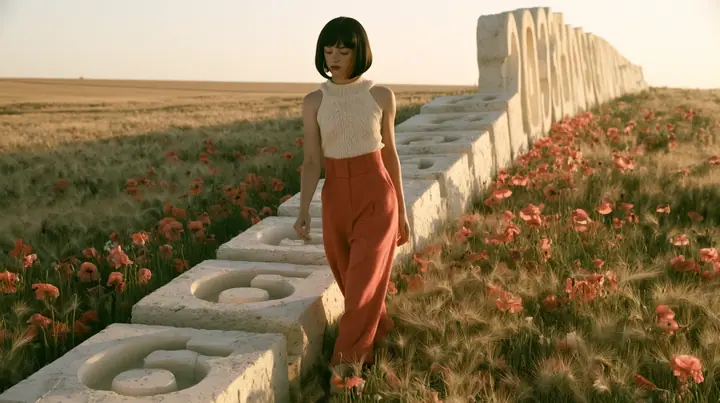 Make this a 35 mm photograph of a meadow: keep this woman, a Caucasian American woman in her late twenties with pale skin and a glossy black blunt bob with heavy straight bangs and one clay-orange streak, a thin…