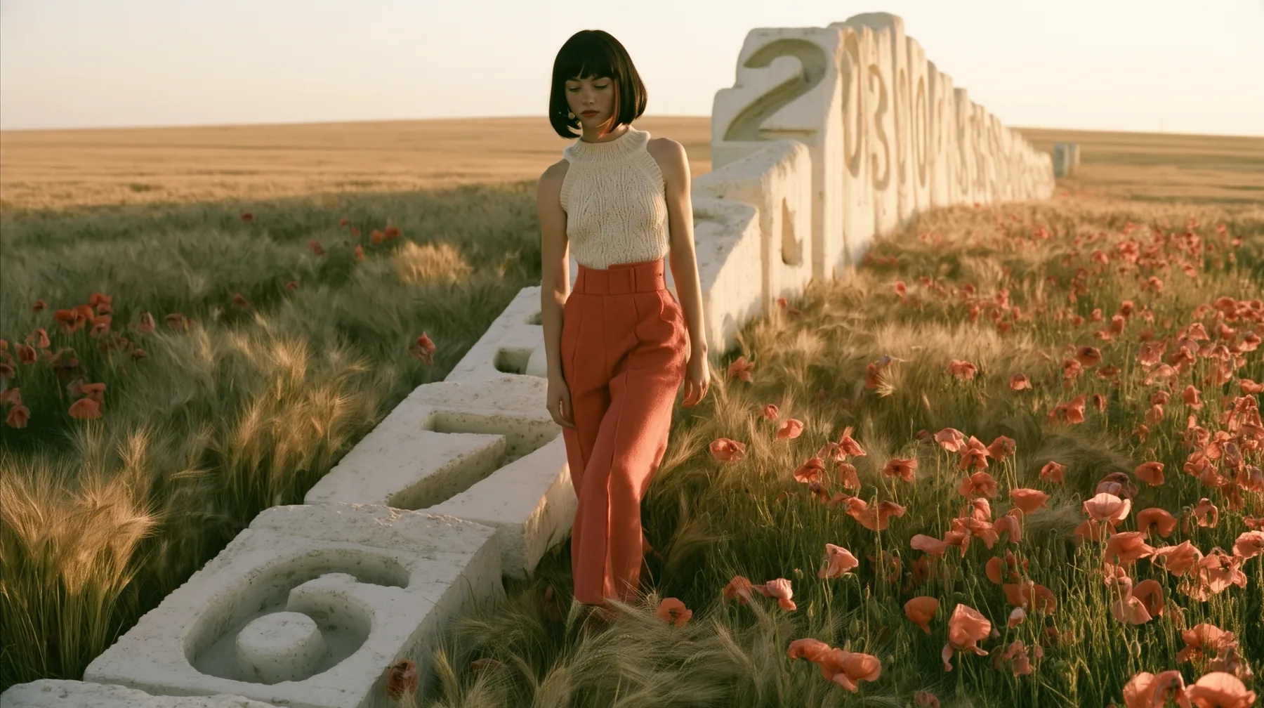Make this a 35 mm photograph of a meadow: keep this woman, a Caucasian American woman in her late twenties with pale skin and a glossy black blunt bob with heavy straight bangs and one clay-orange streak, a thin…