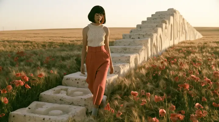 Make this a 35 mm photograph of a meadow: keep this woman, a Caucasian American woman in her late twenties with pale skin and a glossy black blunt bob with heavy straight bangs and one clay-orange streak, a thin…