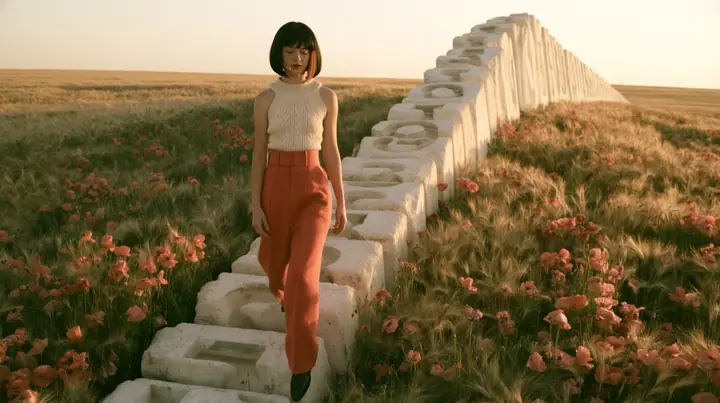 Make this a 35 mm photograph of a meadow: keep this woman, a Caucasian American woman in her late twenties with pale skin and a glossy black blunt bob with heavy straight bangs and one clay-orange streak, a thin…