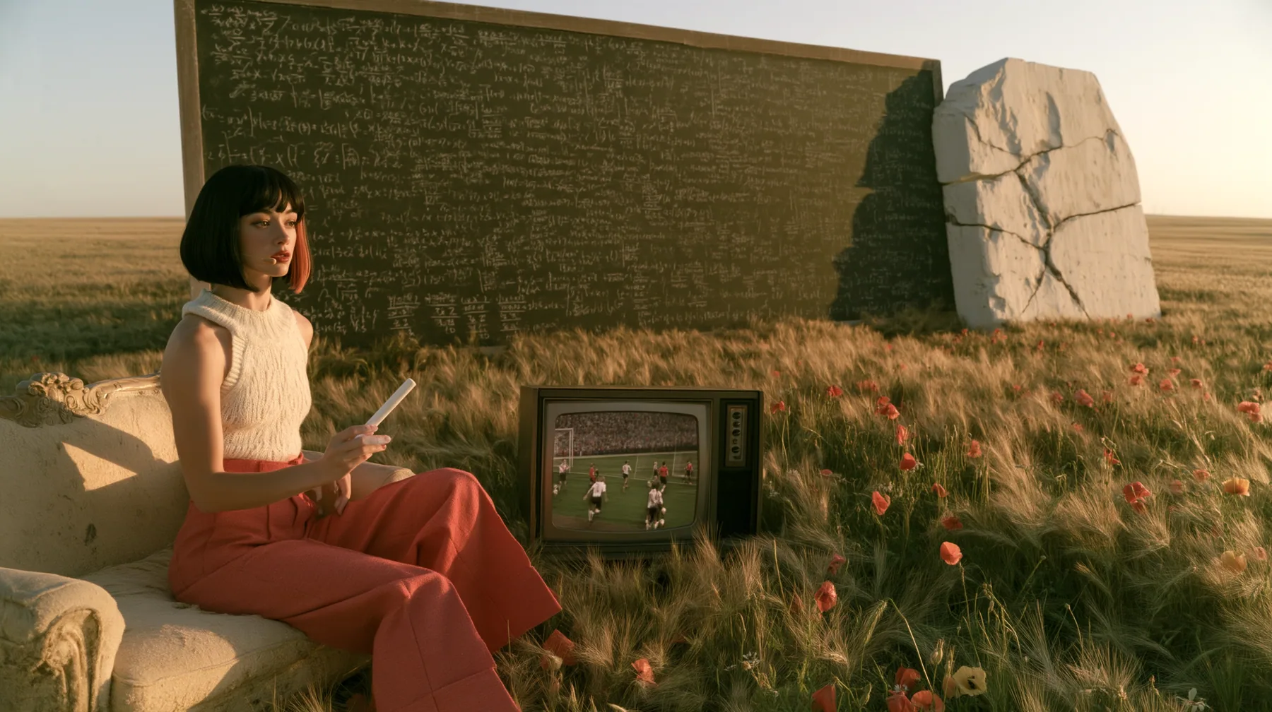 Make this a wide 35 mm photograph of a meadow: keep this woman, a Caucasian American woman in her late twenties with pale skin and a glossy black blunt bob with heavy straight bangs and one clay-orange streak, a thin…