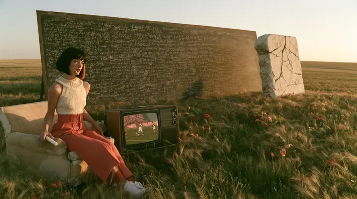 Make this a wide 35 mm photograph of a meadow: keep this woman, a Caucasian American woman in her late twenties with pale skin and a glossy black blunt bob with heavy straight bangs and one clay-orange streak, a thin…