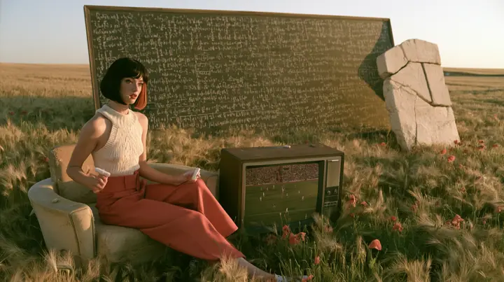 Make this a wide 35 mm photograph of a meadow: keep this woman, a Caucasian American woman in her late twenties with pale skin and a glossy black blunt bob with heavy straight bangs and one clay-orange streak, a thin…