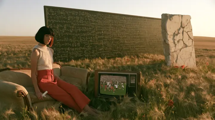Make this a wide 35 mm photograph of a meadow: keep this woman, a Caucasian American woman in her late twenties with pale skin and a glossy black blunt bob with heavy straight bangs and one clay-orange streak, a thin…