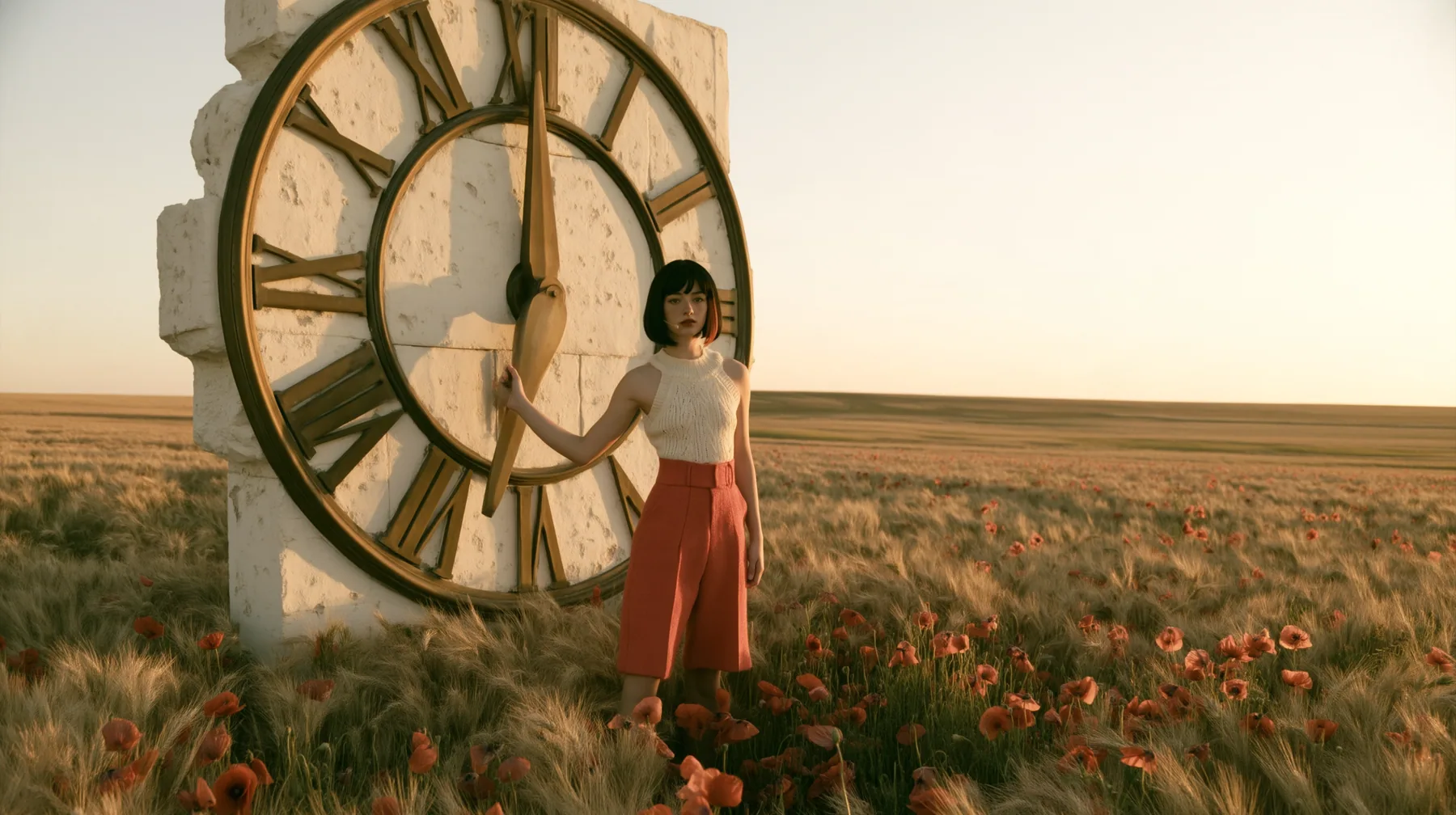 Make this a wide 35 mm photograph of a meadow: a monumental brass and white stone clock face, taller than a house, its hands just before midnight, stands in the wheat; keep this woman, a Caucasian American woman in…