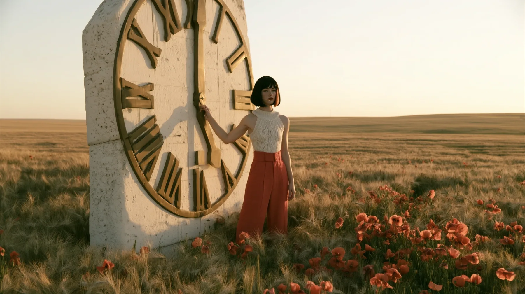 Make this a wide 35 mm photograph of a meadow: a monumental brass and white stone clock face, taller than a house, its hands just before midnight, stands in the wheat; keep this woman, a Caucasian American woman in…