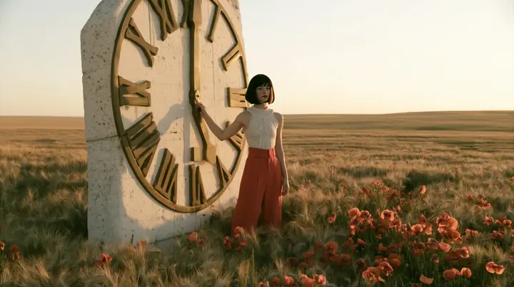 Make this a wide 35 mm photograph of a meadow: a monumental brass and white stone clock face, taller than a house, its hands just before midnight, stands in the wheat; keep this woman, a Caucasian American woman in…