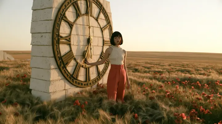 Make this a wide 35 mm photograph of a meadow: a monumental brass and white stone clock face, taller than a house, its hands just before midnight, stands in the wheat; keep this woman, a Caucasian American woman in…