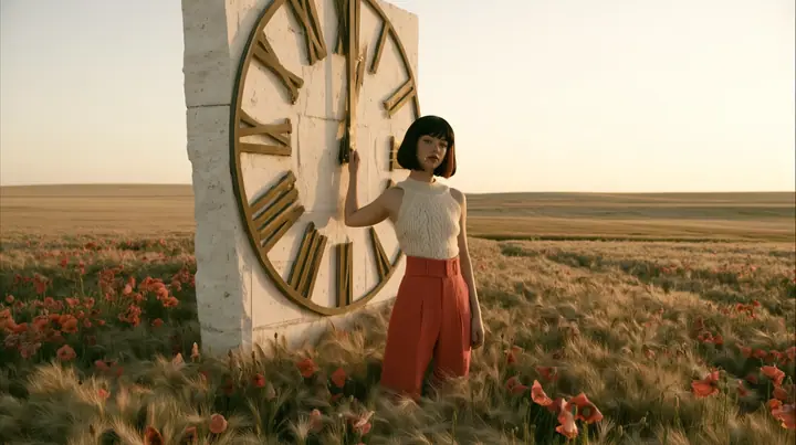Make this a wide 35 mm photograph of a meadow: a monumental brass and white stone clock face, taller than a house, its hands just before midnight, stands in the wheat; keep this woman, a Caucasian American woman in…