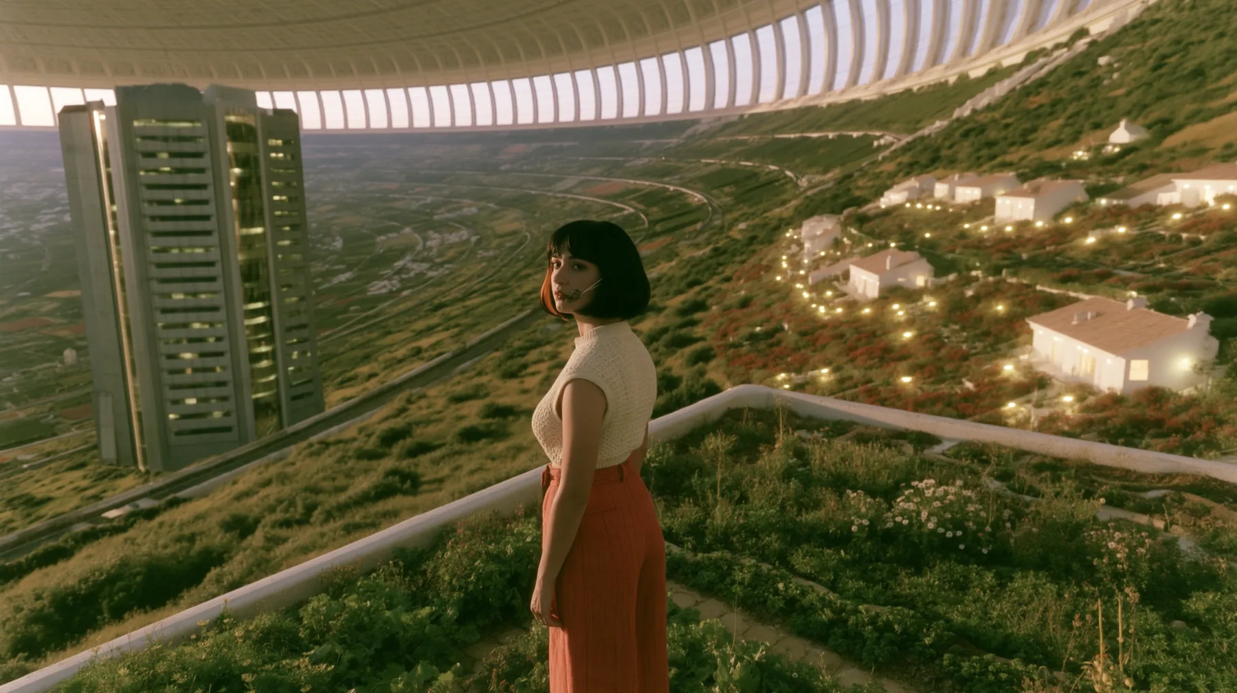 Make this a 35 mm photograph at dusk inside a space colony: on the left third a grey 1970s office tower with lit windows; on the right warm gardens and small white homes glowing; keep this woman, a Caucasian American…