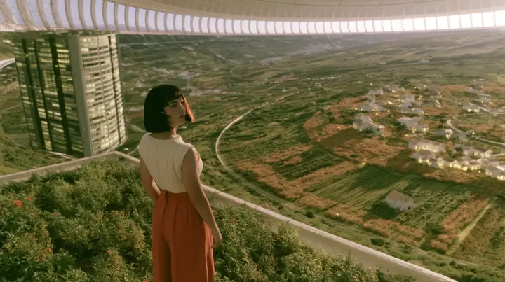 Make this a 35 mm photograph at dusk inside a space colony: on the left third a grey 1970s office tower with lit windows; on the right warm gardens and small white homes glowing; keep this woman, a Caucasian American…