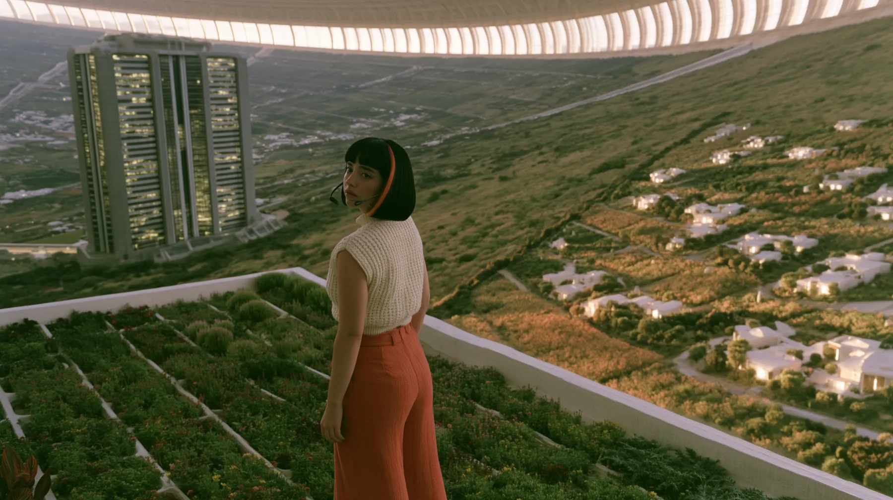 Make this a 35 mm photograph at dusk inside a space colony: on the left third a grey 1970s office tower with lit windows; on the right warm gardens and small white homes glowing; keep this woman, a Caucasian American…