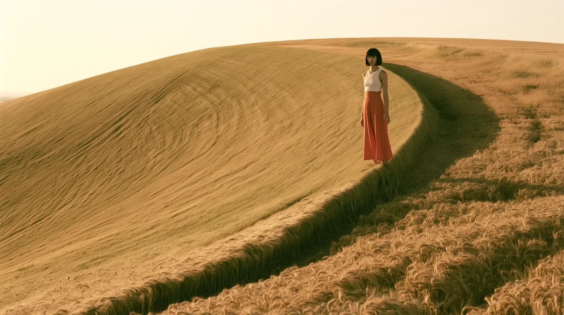 Make this a vast wide 35 mm photograph: a grassy hill shaped exactly like a smooth bell curve rises out of a wheat field, with mown stripes down its slopes; keep this woman, a Caucasian American woman in her late…
