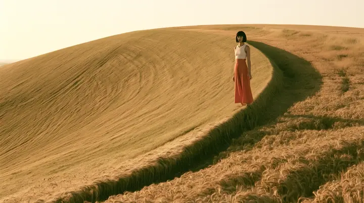 Make this a vast wide 35 mm photograph: a grassy hill shaped exactly like a smooth bell curve rises out of a wheat field, with mown stripes down its slopes; keep this woman, a Caucasian American woman in her late…