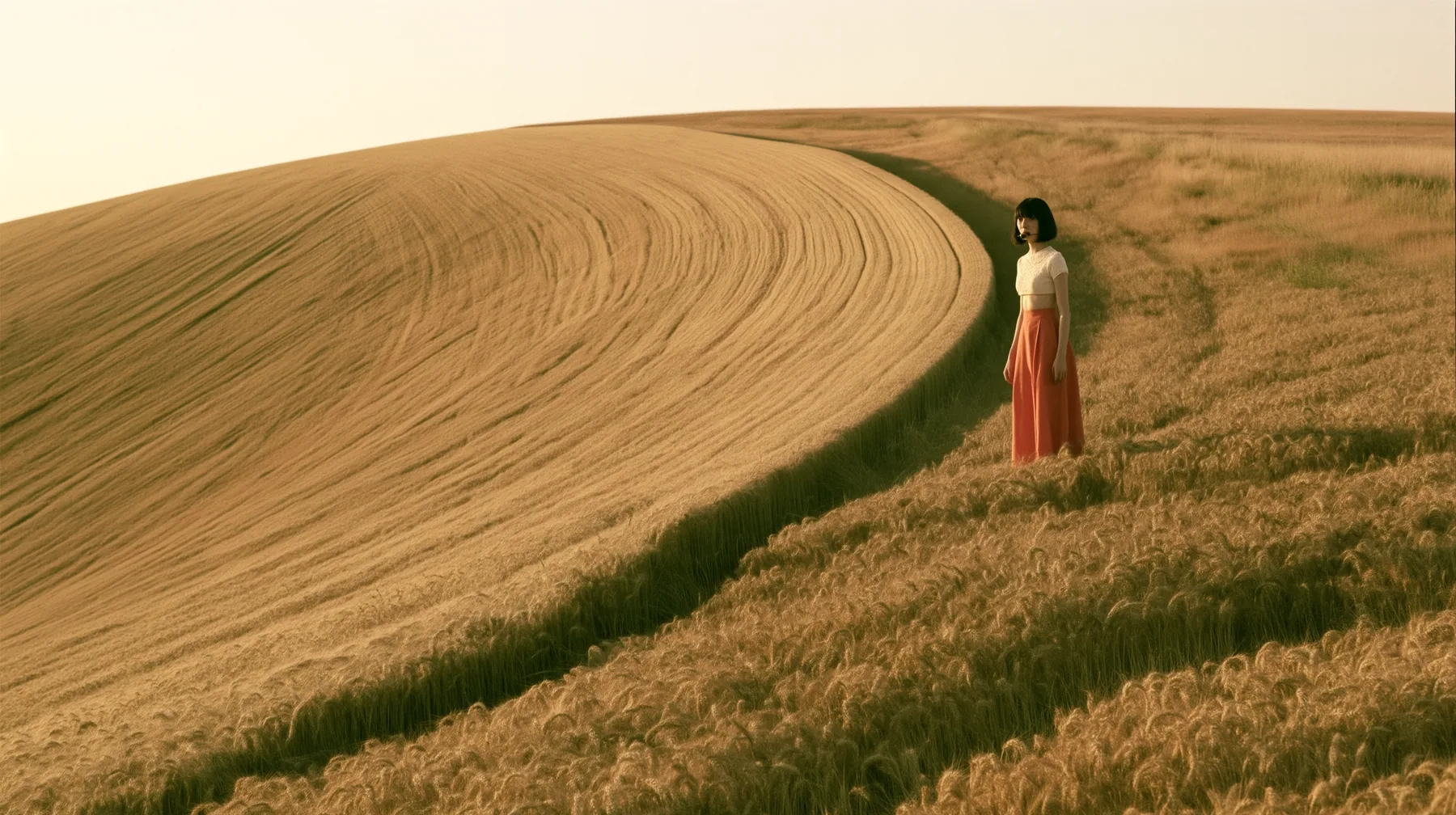 Make this a vast wide 35 mm photograph: a grassy hill shaped exactly like a smooth bell curve rises out of a wheat field, with mown stripes down its slopes; keep this woman, a Caucasian American woman in her late…