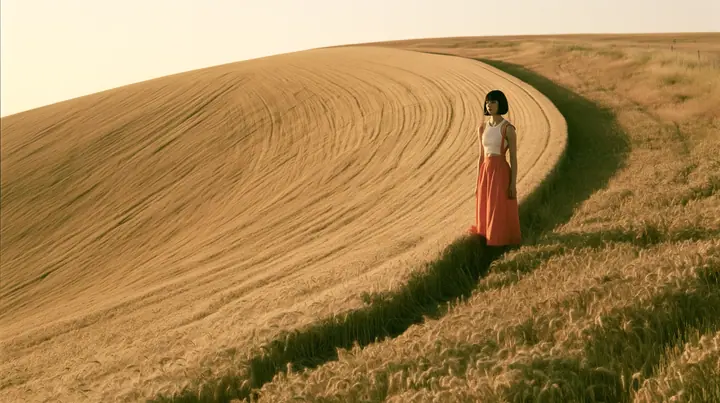 Make this a vast wide 35 mm photograph: a grassy hill shaped exactly like a smooth bell curve rises out of a wheat field, with mown stripes down its slopes; keep this woman, a Caucasian American woman in her late…