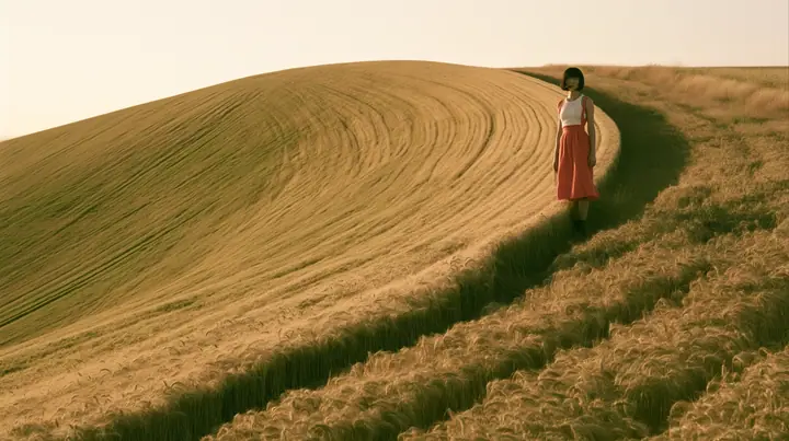 Make this a vast wide 35 mm photograph: a grassy hill shaped exactly like a smooth bell curve rises out of a wheat field, with mown stripes down its slopes; keep this woman, a Caucasian American woman in her late…