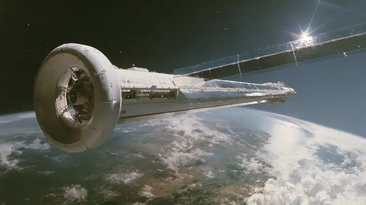 A 35 mm photograph of a huge white O'Neill cylinder space colony floating in space, shaped like a capsule, long mirror panels catching the sun, the Earth glowing beyond, stars, in the style of the 1975 NASA space…