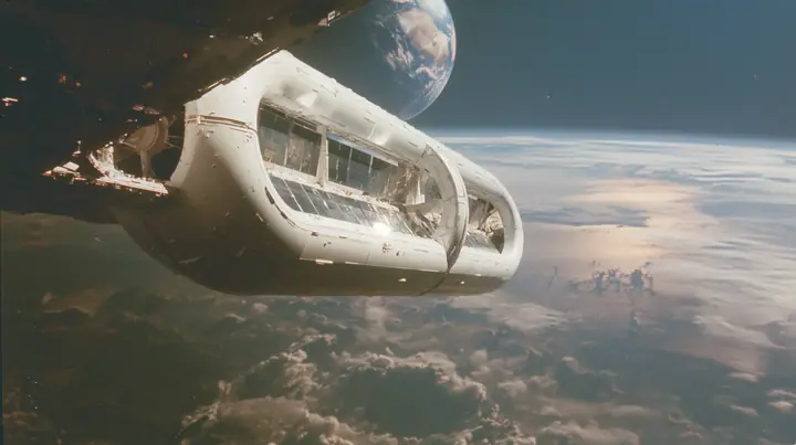 A 35 mm photograph of a huge white O'Neill cylinder space colony floating in space, shaped like a capsule, long mirror panels catching the sun, the Earth glowing beyond, stars, in the style of the 1975 NASA space…