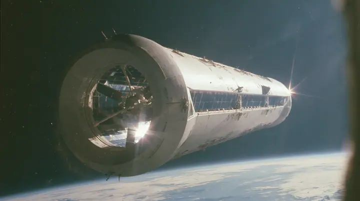 A 35 mm photograph of a huge white O'Neill cylinder space colony floating in space, shaped like a capsule, long mirror panels catching the sun, the Earth glowing beyond, stars, in the style of the 1975 NASA space…