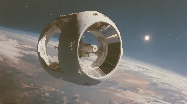 A 35 mm photograph of a huge white O'Neill cylinder space colony floating in space, shaped like a capsule, long mirror panels catching the sun, the Earth glowing beyond, stars, in the style of the 1975 NASA space…
