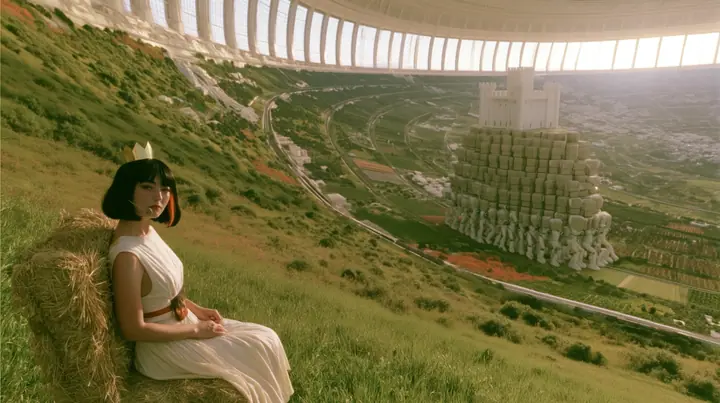 Make this a wide 35 mm photograph on a green hillside inside a space colony: gentle white robots stack stone blocks to raise a white castle on the centre-right; keep this woman, a Caucasian American woman in her late…