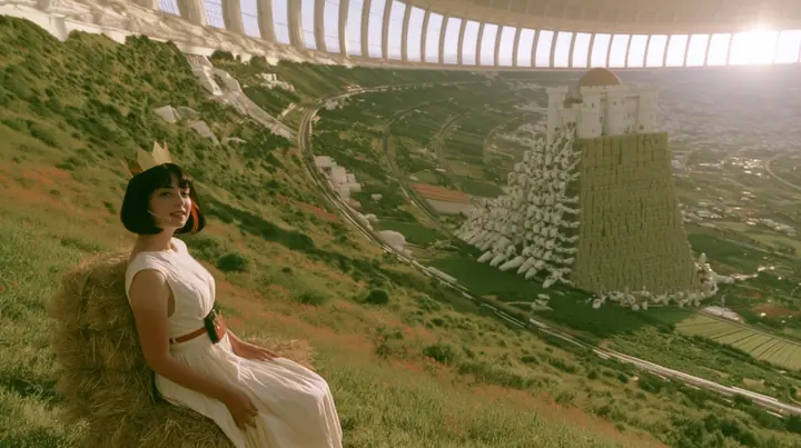 Make this a wide 35 mm photograph on a green hillside inside a space colony: gentle white robots stack stone blocks to raise a white castle on the centre-right; keep this woman, a Caucasian American woman in her late…