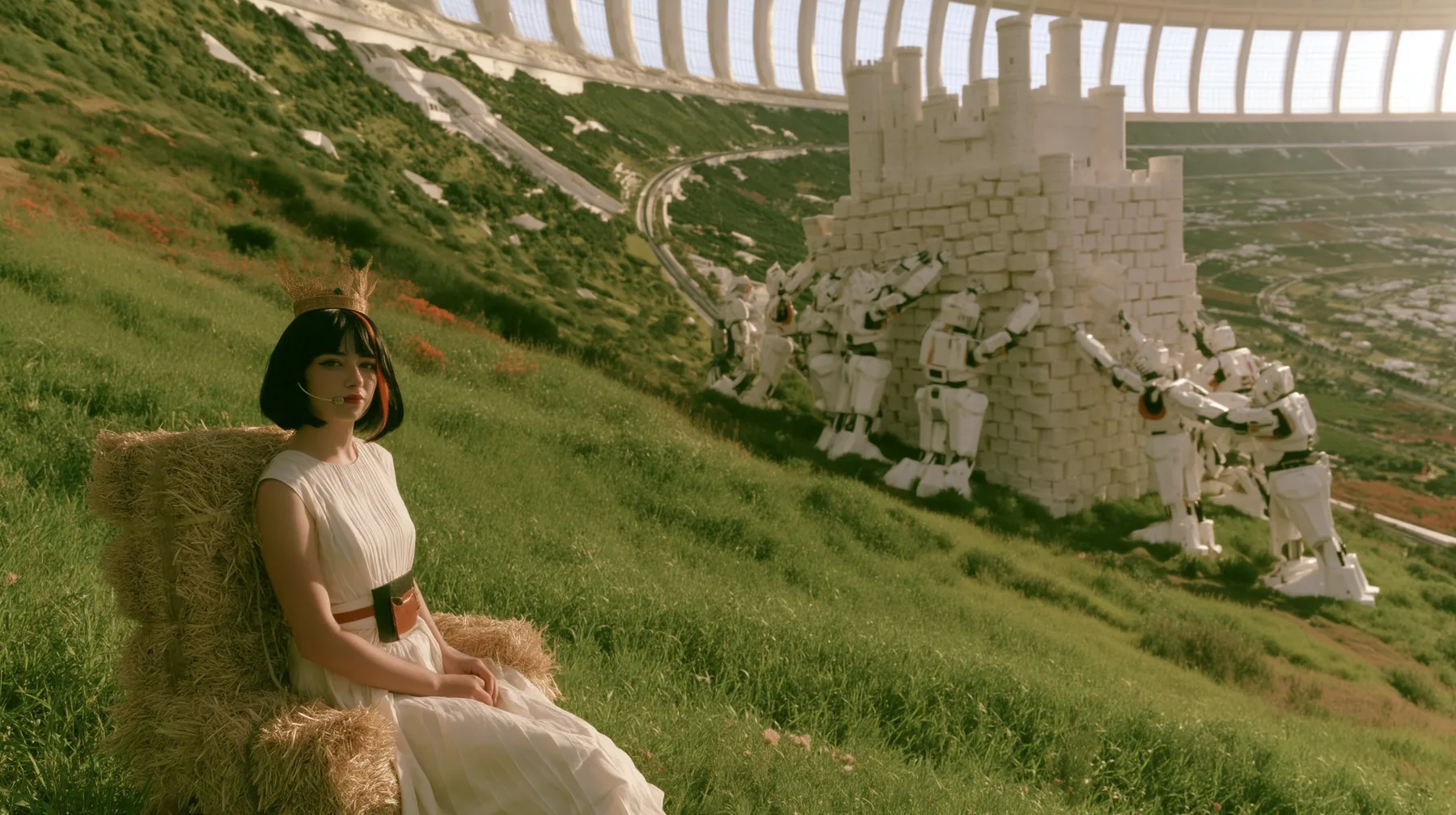 Make this a wide 35 mm photograph on a green hillside inside a space colony: gentle white robots stack stone blocks to raise a white castle on the centre-right; keep this woman, a Caucasian American woman in her late…