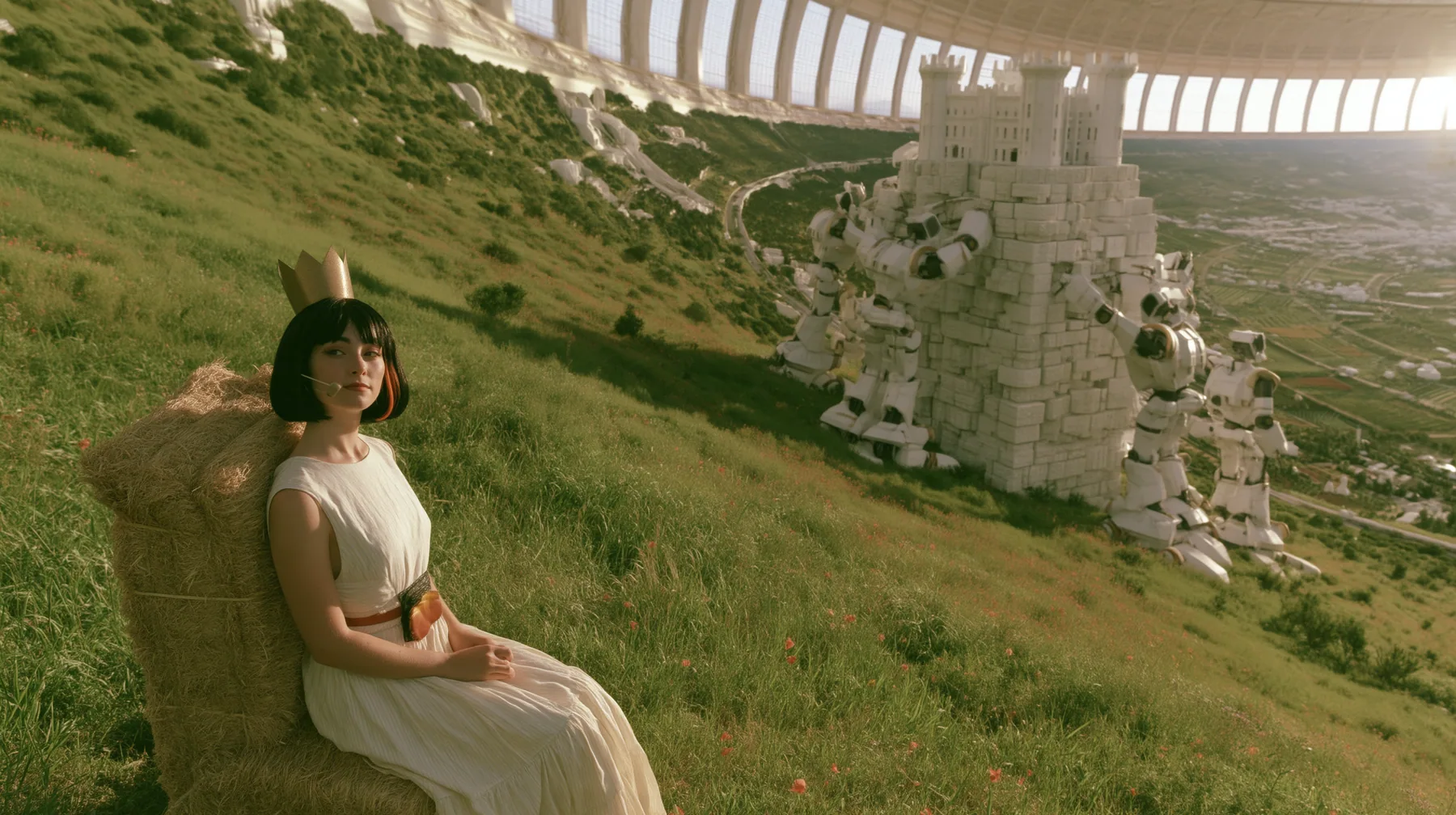 Make this a wide 35 mm photograph on a green hillside inside a space colony: gentle white robots stack stone blocks to raise a white castle on the centre-right; keep this woman, a Caucasian American woman in her late…
